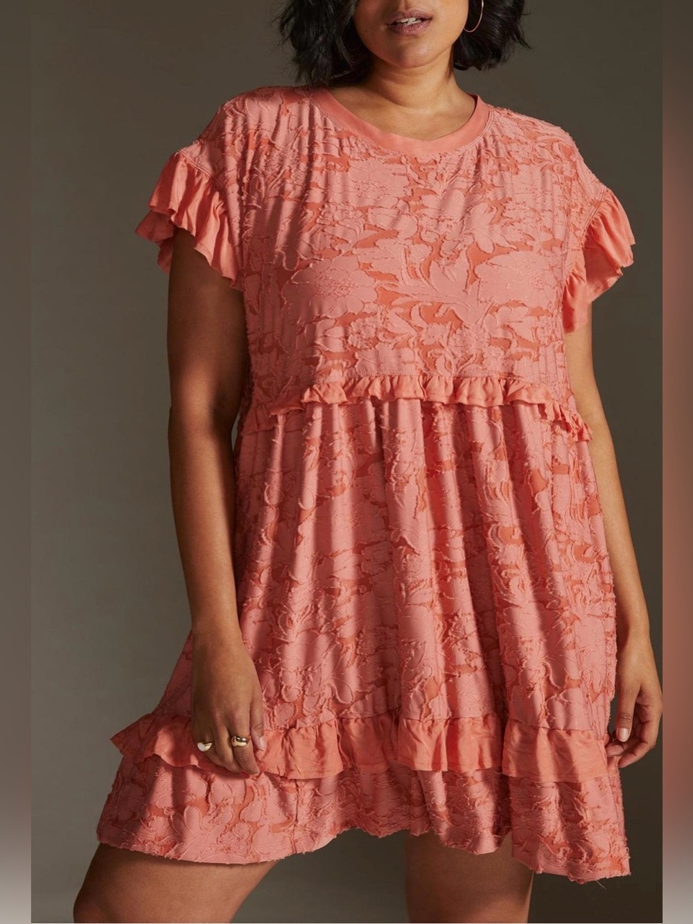 Anthropologie Coral Ruffle Knit Mini Dress, Size Large